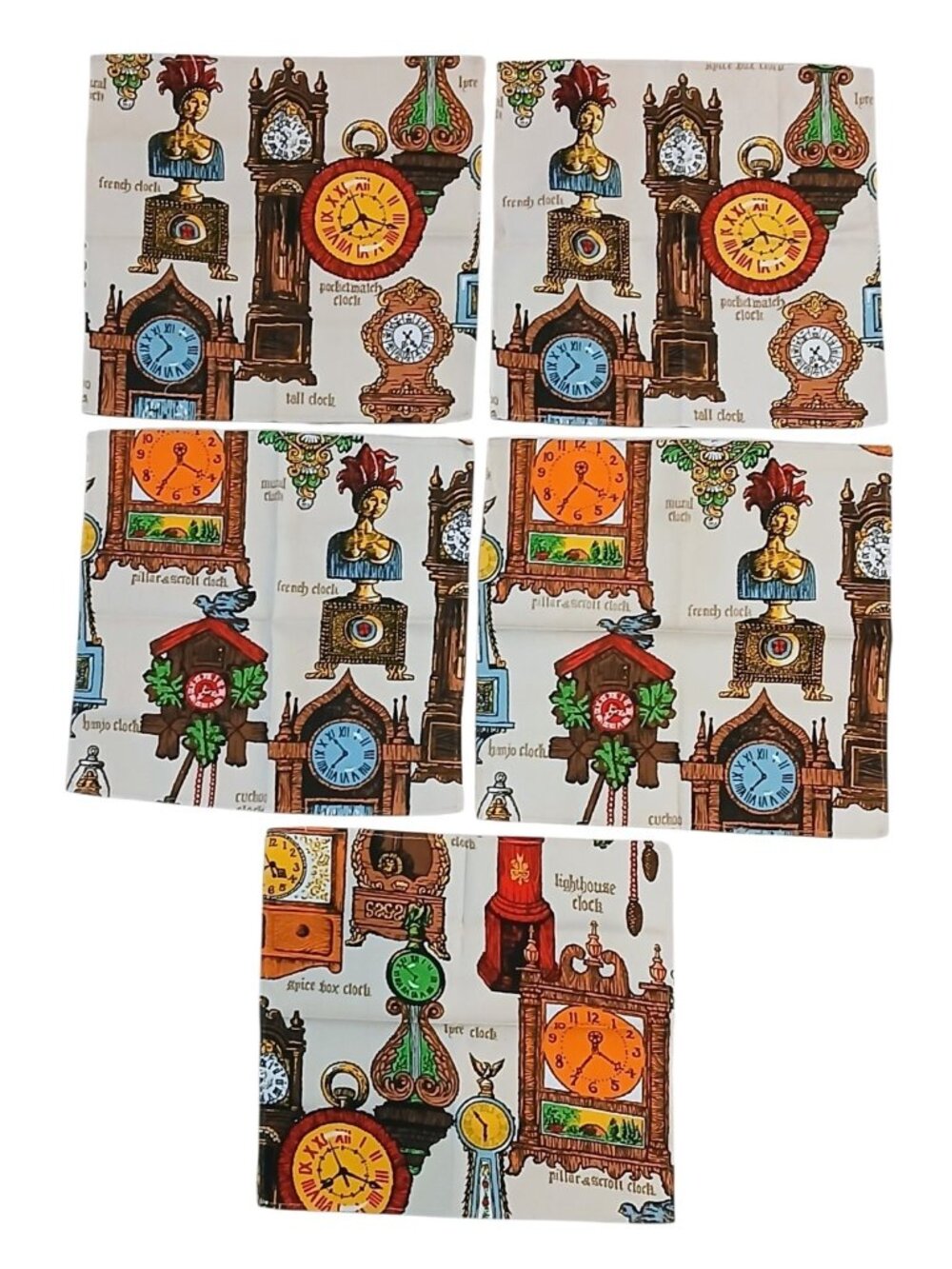 Retro Clock Cloth Napkins Set of 5 Novelty Timepiece Print 15x14.5 - Picture 2 of 8